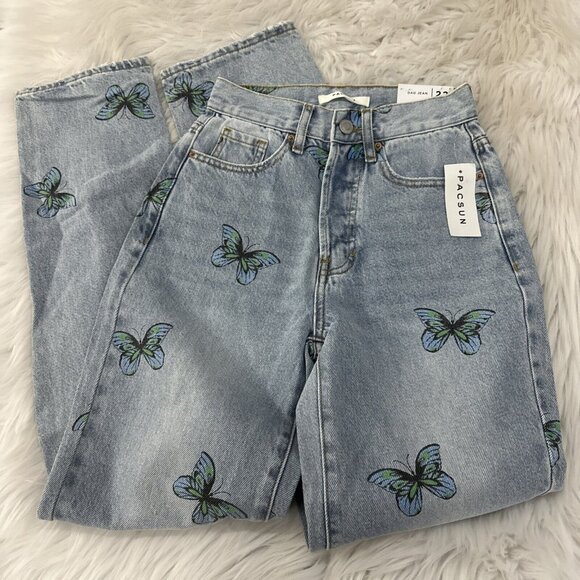 PACSUN womens NWT Dad Jeans Butterfly pattern 22 light wash y2k - Picture 1 of 16